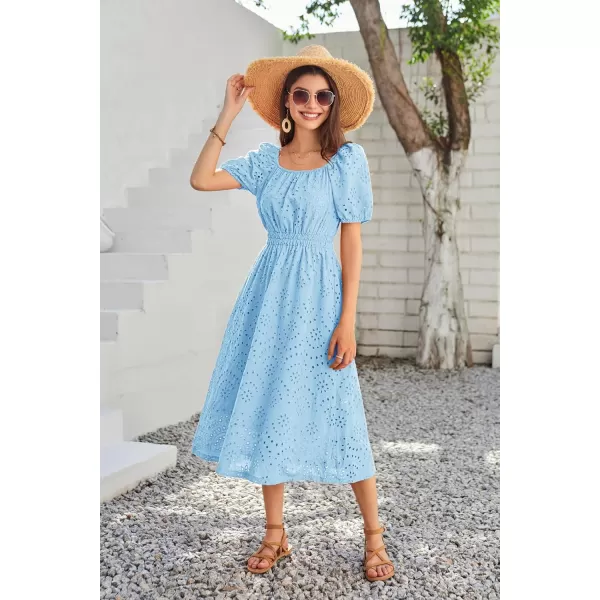 imageGRACE KARIN Womens Eyelet Dresses Summer Square Neck Short Puff Sleeve Casual A Line Boho Midi DressLight Blue