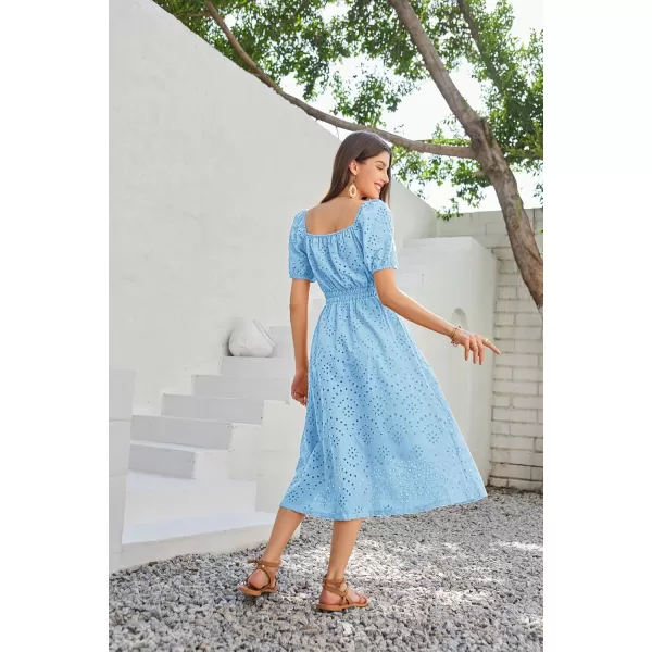 imageGRACE KARIN Womens Eyelet Dresses Summer Square Neck Short Puff Sleeve Casual A Line Boho Midi DressLight Blue