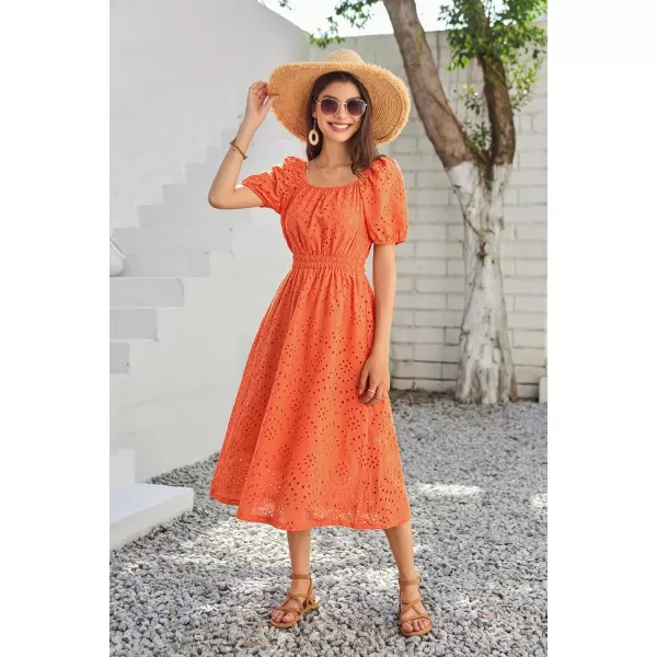 imageGRACE KARIN Womens Eyelet Dresses Summer Square Neck Short Puff Sleeve Casual A Line Boho Midi DressOrange
