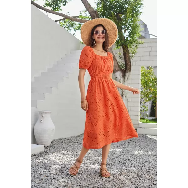 imageGRACE KARIN Womens Eyelet Dresses Summer Square Neck Short Puff Sleeve Casual A Line Boho Midi DressOrange