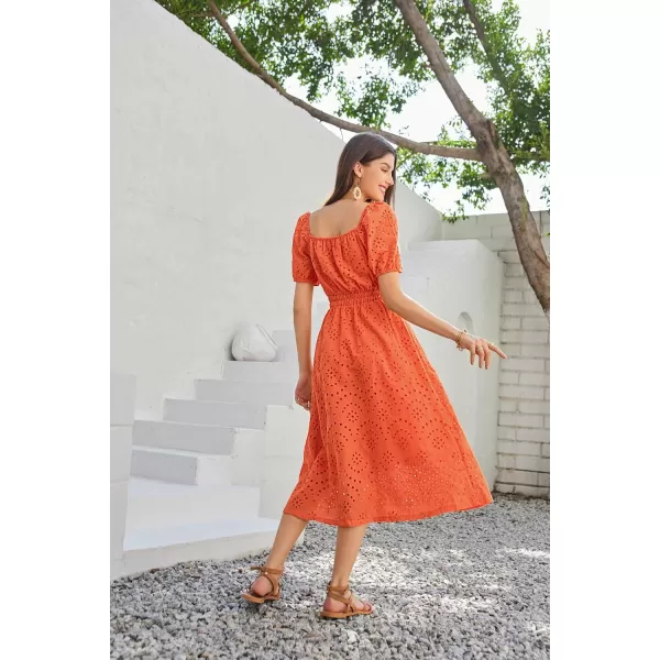 imageGRACE KARIN Womens Eyelet Dresses Summer Square Neck Short Puff Sleeve Casual A Line Boho Midi DressOrange