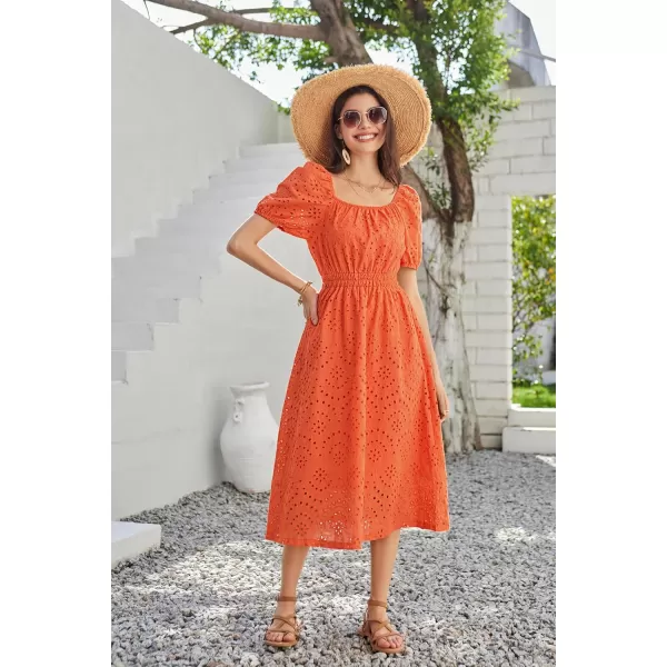 imageGRACE KARIN Womens Eyelet Dresses Summer Square Neck Short Puff Sleeve Casual A Line Boho Midi DressOrange