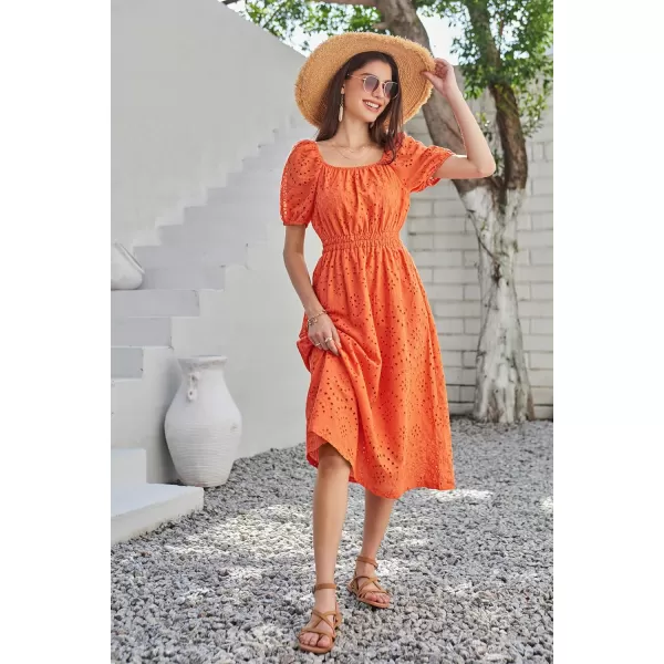 imageGRACE KARIN Womens Eyelet Dresses Summer Square Neck Short Puff Sleeve Casual A Line Boho Midi DressOrange
