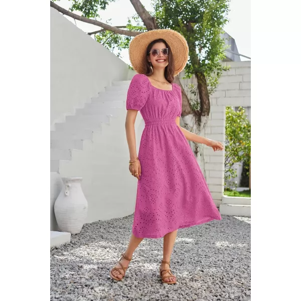 imageGRACE KARIN Womens Eyelet Dresses Summer Square Neck Short Puff Sleeve Casual A Line Boho Midi DressPink