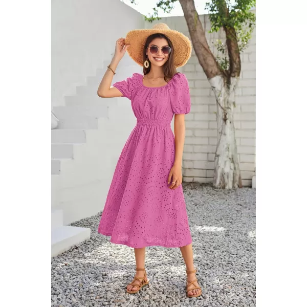 imageGRACE KARIN Womens Eyelet Dresses Summer Square Neck Short Puff Sleeve Casual A Line Boho Midi DressPink