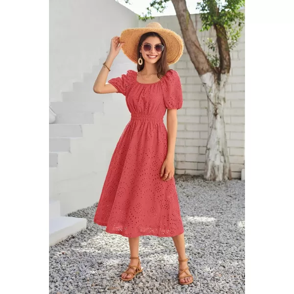 imageGRACE KARIN Womens Eyelet Dresses Summer Square Neck Short Puff Sleeve Casual A Line Boho Midi DressRed