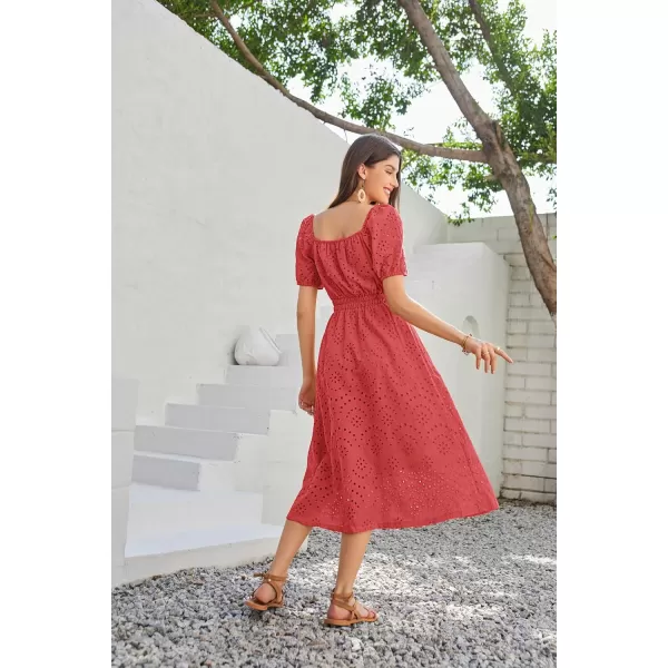 imageGRACE KARIN Womens Eyelet Dresses Summer Square Neck Short Puff Sleeve Casual A Line Boho Midi DressRed