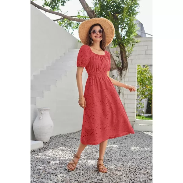 imageGRACE KARIN Womens Eyelet Dresses Summer Square Neck Short Puff Sleeve Casual A Line Boho Midi DressRed