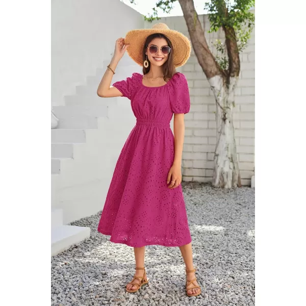 imageGRACE KARIN Womens Eyelet Dresses Summer Square Neck Short Puff Sleeve Casual A Line Boho Midi DressRose Red