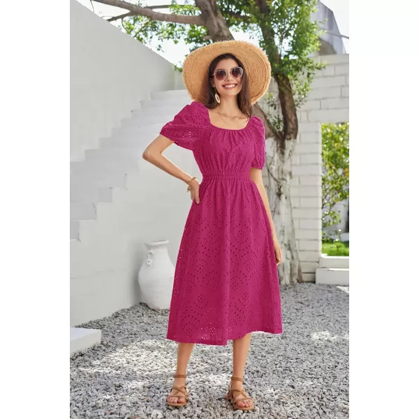 imageGRACE KARIN Womens Eyelet Dresses Summer Square Neck Short Puff Sleeve Casual A Line Boho Midi DressRose Red
