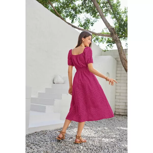 imageGRACE KARIN Womens Eyelet Dresses Summer Square Neck Short Puff Sleeve Casual A Line Boho Midi DressRose Red