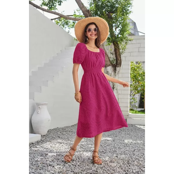 imageGRACE KARIN Womens Eyelet Dresses Summer Square Neck Short Puff Sleeve Casual A Line Boho Midi DressRose Red