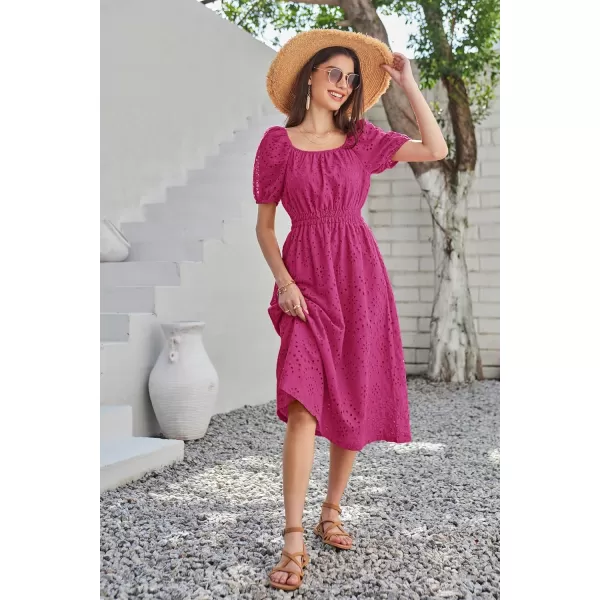 imageGRACE KARIN Womens Eyelet Dresses Summer Square Neck Short Puff Sleeve Casual A Line Boho Midi DressRose Red