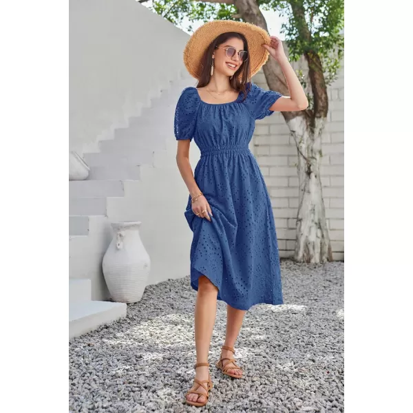 imageGRACE KARIN Womens Eyelet Dresses Summer Square Neck Short Puff Sleeve Casual A Line Boho Midi DressRoyal Blue