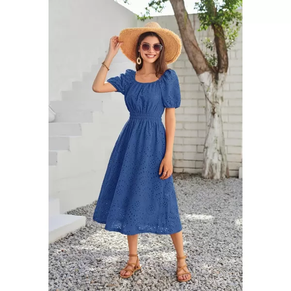 imageGRACE KARIN Womens Eyelet Dresses Summer Square Neck Short Puff Sleeve Casual A Line Boho Midi DressRoyal Blue