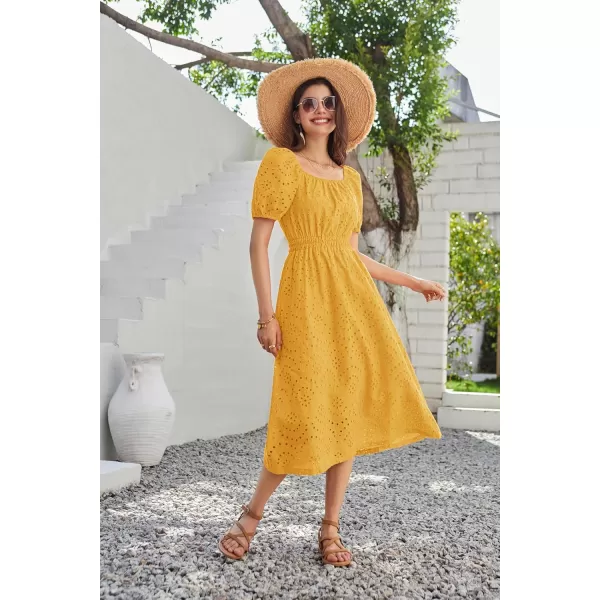 imageGRACE KARIN Womens Eyelet Dresses Summer Square Neck Short Puff Sleeve Casual A Line Boho Midi DressYellow