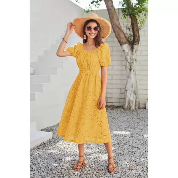 imageGRACE KARIN Womens Eyelet Dresses Summer Square Neck Short Puff Sleeve Casual A Line Boho Midi DressYellow