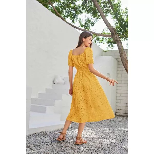 imageGRACE KARIN Womens Eyelet Dresses Summer Square Neck Short Puff Sleeve Casual A Line Boho Midi DressYellow