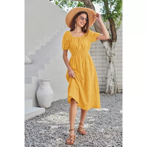 imageGRACE KARIN Womens Eyelet Dresses Summer Square Neck Short Puff Sleeve Casual A Line Boho Midi DressYellow