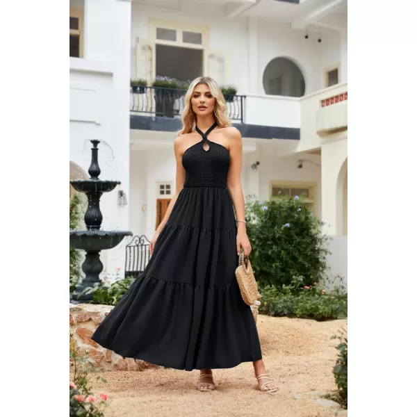 imageGRACE KARIN Womens Halter Neck Dresses 2024 Sleeveless Smocked Backless Cut Out Flowy Maxi DressBlack