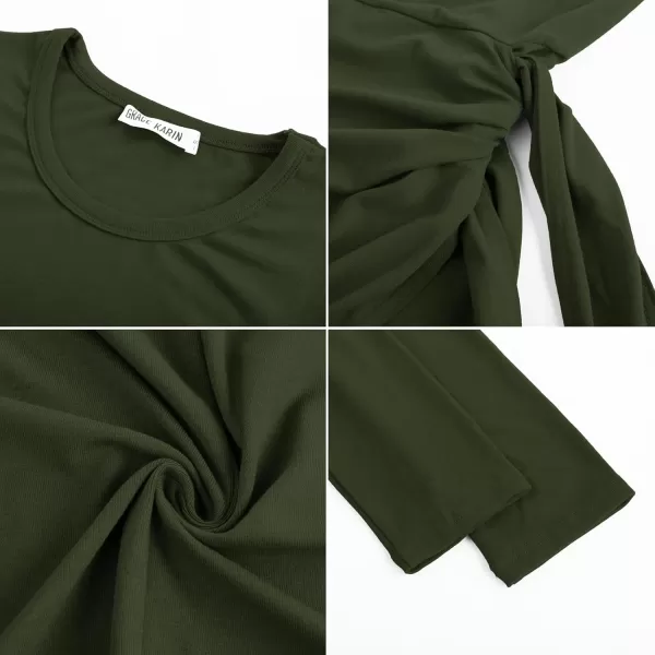 imageGRACE KARIN Womens Long Sleeve Dress 2024 Fall Casual Tie Waist Crew Neck Wrap Split Dresses Work Bodycon Midi DressArmy Green