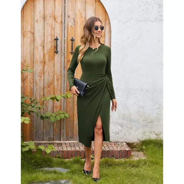 imageGRACE KARIN Womens Long Sleeve Dress 2024 Fall Casual Tie Waist Crew Neck Wrap Split Dresses Work Bodycon Midi DressArmy Green