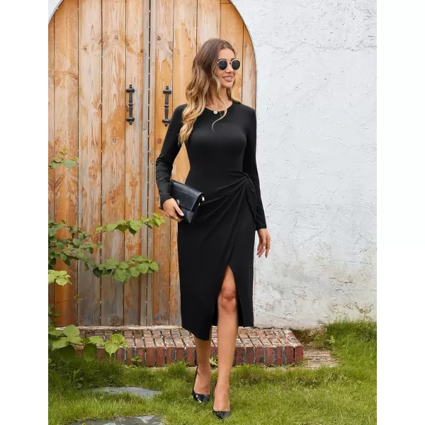 imageGRACE KARIN Womens Long Sleeve Dress 2024 Fall Casual Tie Waist Crew Neck Wrap Split Dresses Work Bodycon Midi DressBlack