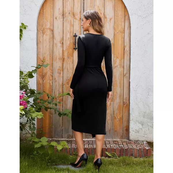 imageGRACE KARIN Womens Long Sleeve Dress 2024 Fall Casual Tie Waist Crew Neck Wrap Split Dresses Work Bodycon Midi DressBlack