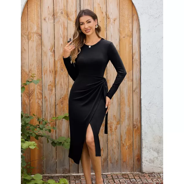 imageGRACE KARIN Womens Long Sleeve Dress 2024 Fall Casual Tie Waist Crew Neck Wrap Split Dresses Work Bodycon Midi DressBlack