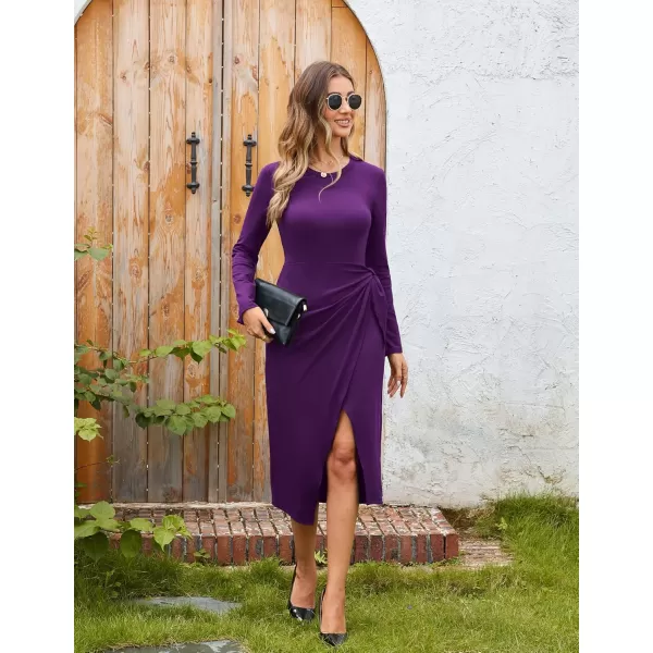 imageGRACE KARIN Womens Long Sleeve Dress 2024 Fall Casual Tie Waist Crew Neck Wrap Split Dresses Work Bodycon Midi DressDark Purple