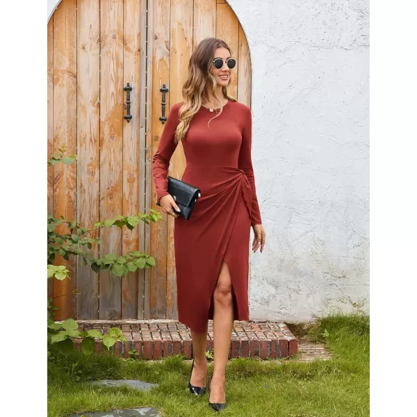 imageGRACE KARIN Womens Long Sleeve Dress 2024 Fall Casual Tie Waist Crew Neck Wrap Split Dresses Work Bodycon Midi DressOrange Red