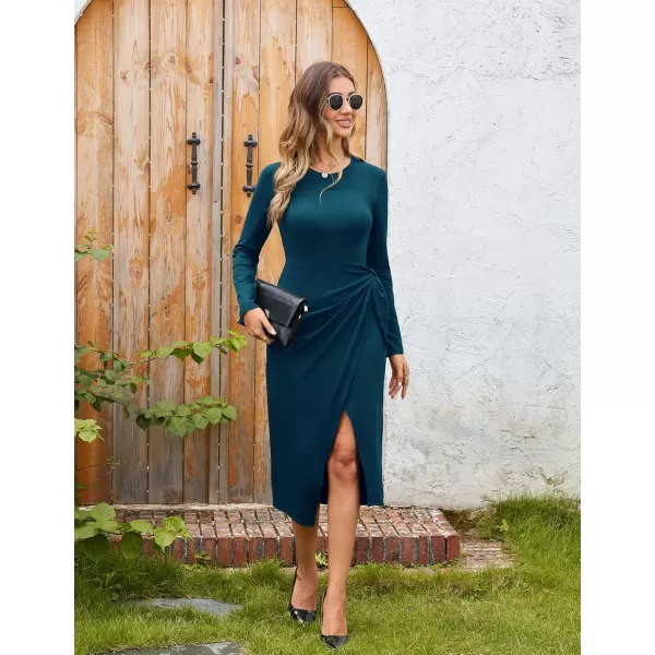 imageGRACE KARIN Womens Long Sleeve Dress 2024 Fall Casual Tie Waist Crew Neck Wrap Split Dresses Work Bodycon Midi DressPeacock Blue