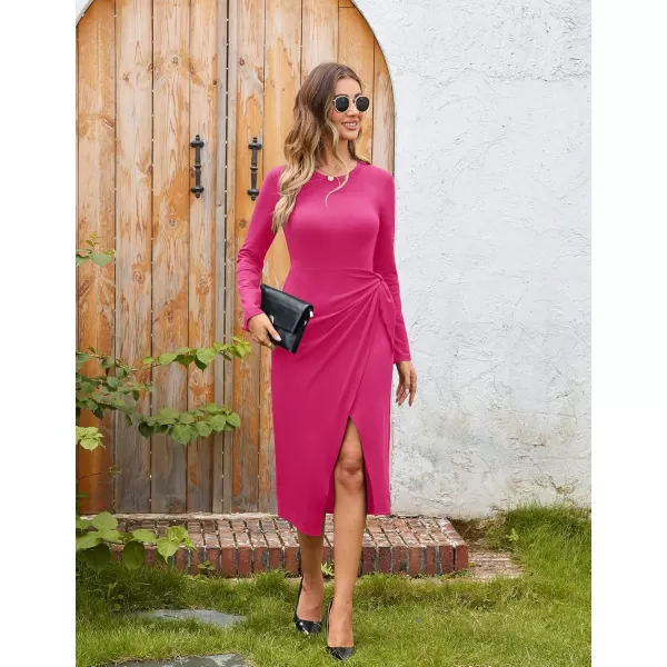 imageGRACE KARIN Womens Long Sleeve Dress 2024 Fall Casual Tie Waist Crew Neck Wrap Split Dresses Work Bodycon Midi DressRose Red