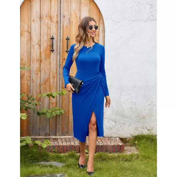 imageGRACE KARIN Womens Long Sleeve Dress 2024 Fall Casual Tie Waist Crew Neck Wrap Split Dresses Work Bodycon Midi DressRoyal Blue