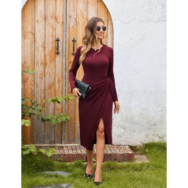 imageGRACE KARIN Womens Long Sleeve Dress 2024 Fall Casual Tie Waist Crew Neck Wrap Split Dresses Work Bodycon Midi DressWine Red