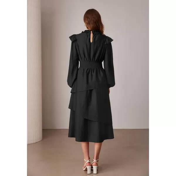 imageGRACE KARIN Womens Long Sleeve Fall Dresses 2024 Casual Ruffle Mock Neck Midi Wedding Guest Cocktail Flowy DressBlack