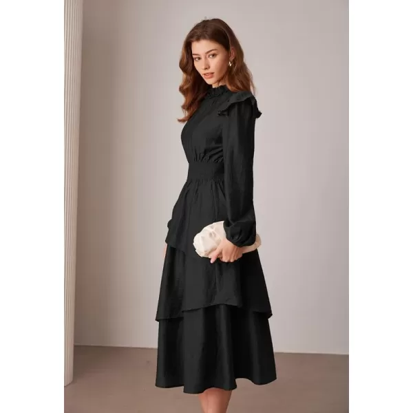 imageGRACE KARIN Womens Long Sleeve Fall Dresses 2024 Casual Ruffle Mock Neck Midi Wedding Guest Cocktail Flowy DressBlack