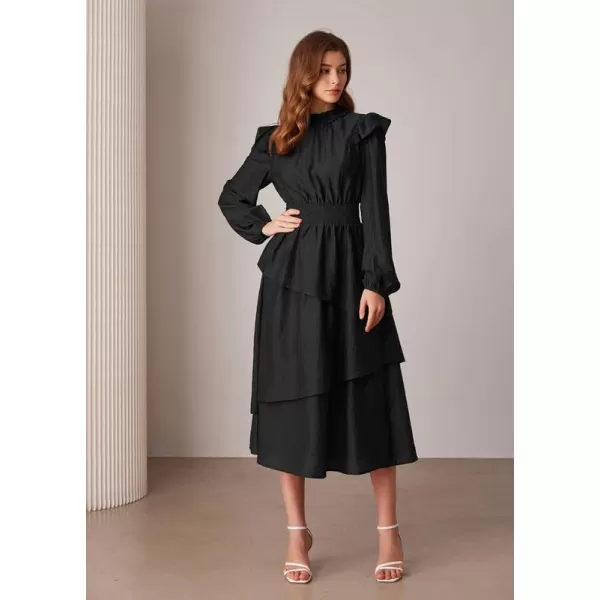 imageGRACE KARIN Womens Long Sleeve Fall Dresses 2024 Casual Ruffle Mock Neck Midi Wedding Guest Cocktail Flowy DressBlack