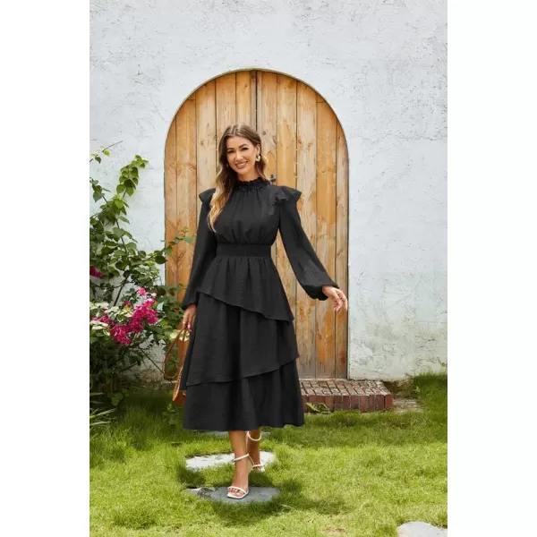 imageGRACE KARIN Womens Long Sleeve Fall Dresses 2024 Casual Ruffle Mock Neck Midi Wedding Guest Cocktail Flowy DressBlack