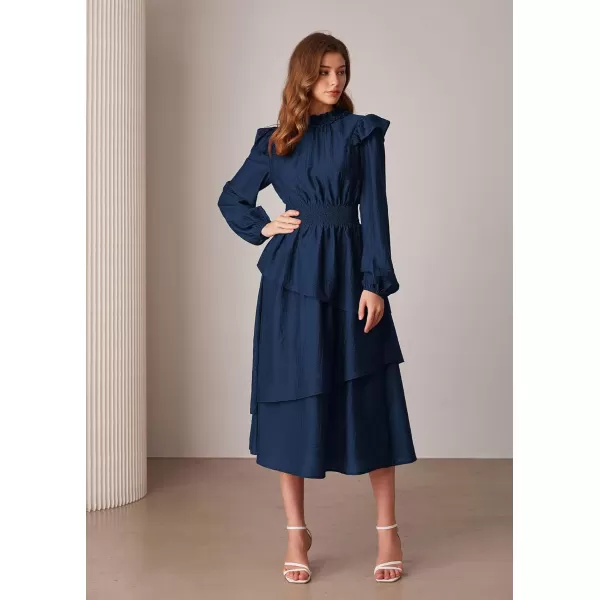 imageGRACE KARIN Womens Long Sleeve Fall Dresses 2024 Casual Ruffle Mock Neck Midi Wedding Guest Cocktail Flowy DressDark Blue