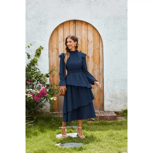 imageGRACE KARIN Womens Long Sleeve Fall Dresses 2024 Casual Ruffle Mock Neck Midi Wedding Guest Cocktail Flowy DressDark Blue