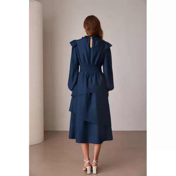 imageGRACE KARIN Womens Long Sleeve Fall Dresses 2024 Casual Ruffle Mock Neck Midi Wedding Guest Cocktail Flowy DressDark Blue