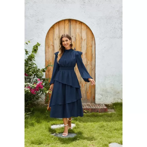 imageGRACE KARIN Womens Long Sleeve Fall Dresses 2024 Casual Ruffle Mock Neck Midi Wedding Guest Cocktail Flowy DressDark Blue