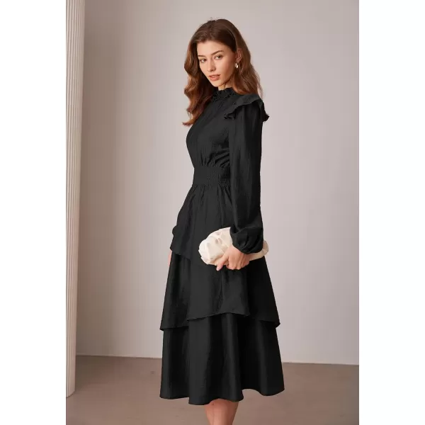 imageGRACE KARIN Womens Long Sleeve Fall Dresses 2024 Casual Ruffle Mock Neck Midi Wedding Guest Cocktail Flowy DressDark Blue