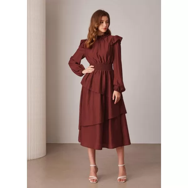 imageGRACE KARIN Womens Long Sleeve Fall Dresses 2024 Casual Ruffle Mock Neck Midi Wedding Guest Cocktail Flowy DressDark Red