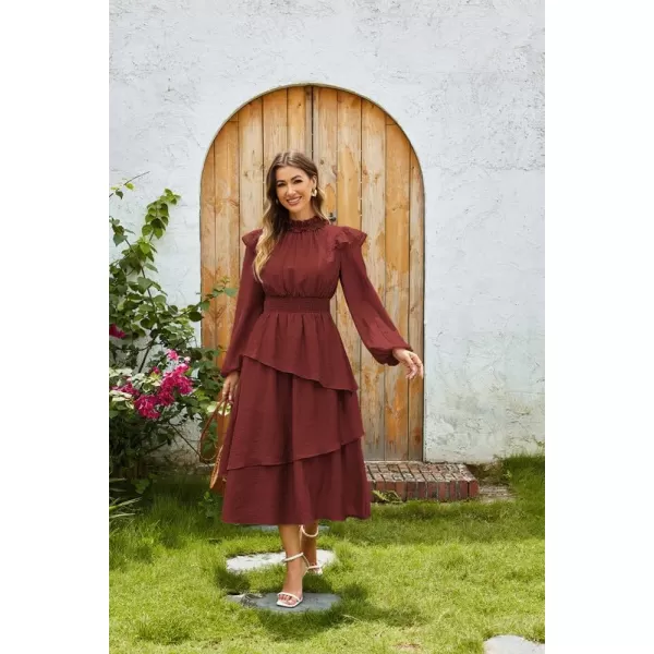 imageGRACE KARIN Womens Long Sleeve Fall Dresses 2024 Casual Ruffle Mock Neck Midi Wedding Guest Cocktail Flowy DressDark Red