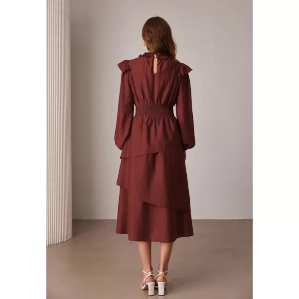 imageGRACE KARIN Womens Long Sleeve Fall Dresses 2024 Casual Ruffle Mock Neck Midi Wedding Guest Cocktail Flowy DressDark Red