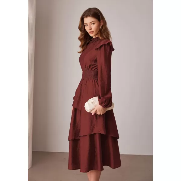 imageGRACE KARIN Womens Long Sleeve Fall Dresses 2024 Casual Ruffle Mock Neck Midi Wedding Guest Cocktail Flowy DressDark Red