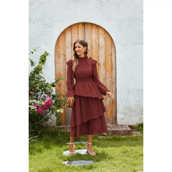 imageGRACE KARIN Womens Long Sleeve Fall Dresses 2024 Casual Ruffle Mock Neck Midi Wedding Guest Cocktail Flowy DressDark Red