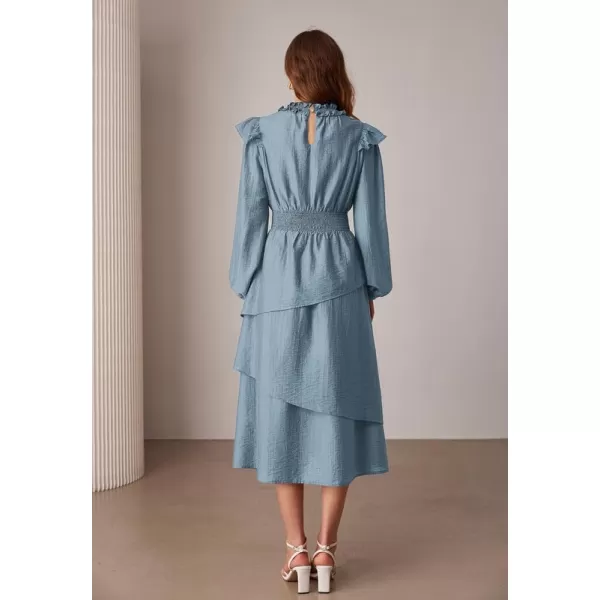 imageGRACE KARIN Womens Long Sleeve Fall Dresses 2024 Casual Ruffle Mock Neck Midi Wedding Guest Cocktail Flowy DressGrey Blue